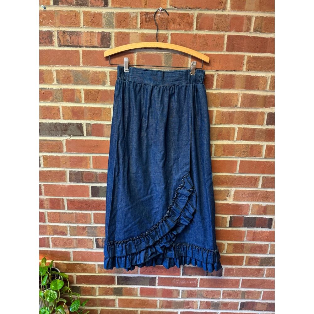 Vintage Serbin Sport Denim Ruffle Prairie Midi Skirt Size 10 - Picture 3 of 4